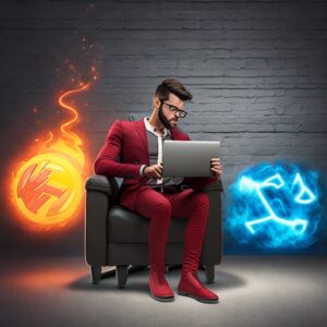 Ein Blogger sitzt auf einen Stuhl mit seinem Laptop. Er brennt für das was er tut, 