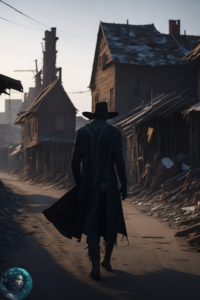Ein Cowboy geht durch eine verlassene Geisterstadt