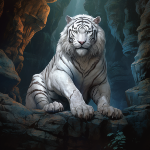 ein weißer tiger der auf einem felsen sitzt